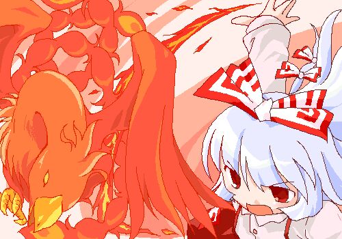 shaomin, fujiwara no mokou, touhou, lowres, 1girl, bird, female focus, oekaki, phoenix, red eyes, solo