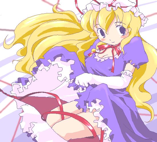 shaomin, yakumo yukari, touhou, 1girl, blonde hair, dress, elbow gloves, female focus, gloves, hat, oekaki, solo