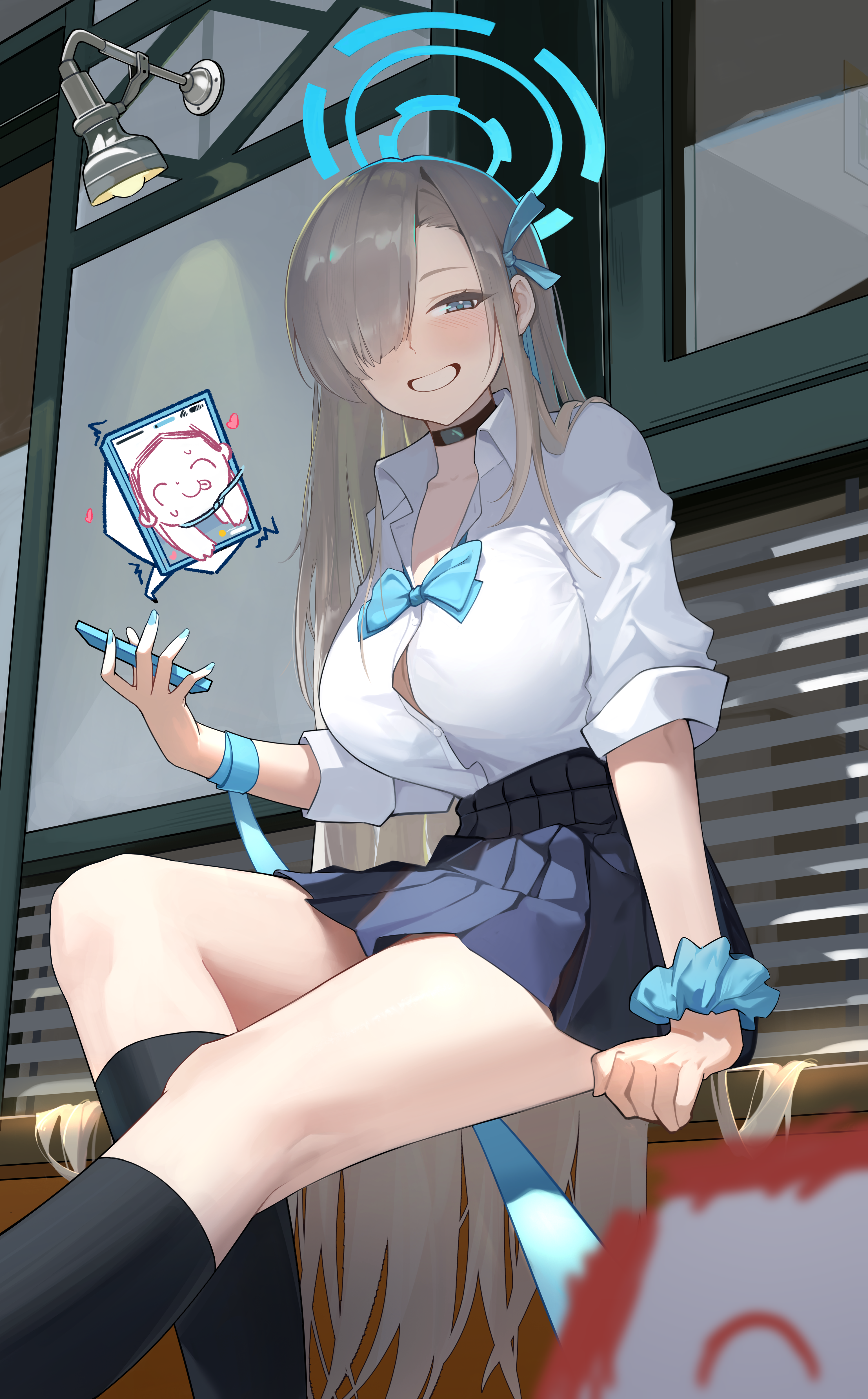 tkkz, asuna (blue archive), asuna (school uniform) (blue archive), doodle sensei (blue archive), sensei (blue archive), blue archive, absurdres, commentary request, highres, 1girl, black choker, black skirt, black socks, blonde hair, blue bow, blue bowtie, blue eyes, blue halo, blue nails, blue ribbon, blue scrunchie, blush, bow, bowtie, breasts, button gap, choker, collared shirt, grin, hair over one eye, hair ribbon, halo, holding, holding leash, holding phone, kneehighs, large breasts, leash, long hair, looking at viewer, loose bowtie, official alternate costume, phone, pleated skirt, ribbon, school uniform, scrunchie, shirt, sitting, skirt, sleeves rolled up, smile, socks, teeth, very long hair, white shirt, wrist scrunchie