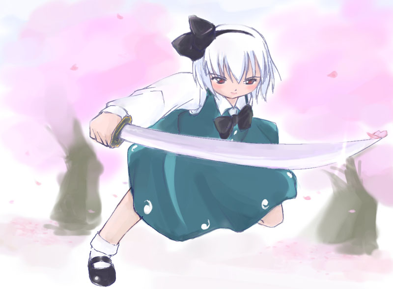 shaomin, konpaku youmu, touhou, 1girl, female focus, full body, katana, nature, outdoors, plant, solo, sword, weapon, white hair