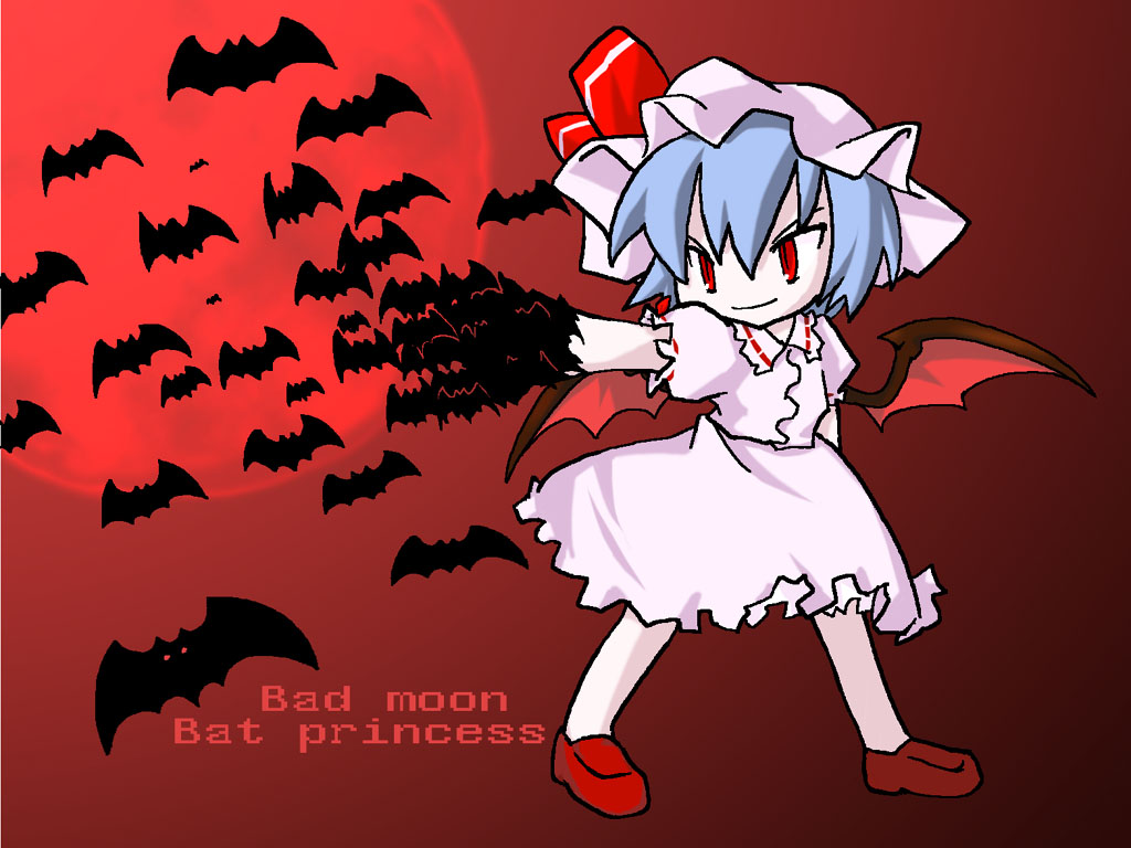shaomin, remilia scarlet, touhou, 1girl, bat (animal), bat wings, chibi, female focus, full body, gradient background, outdoors, red eyes, skirt, sky, solo, wings