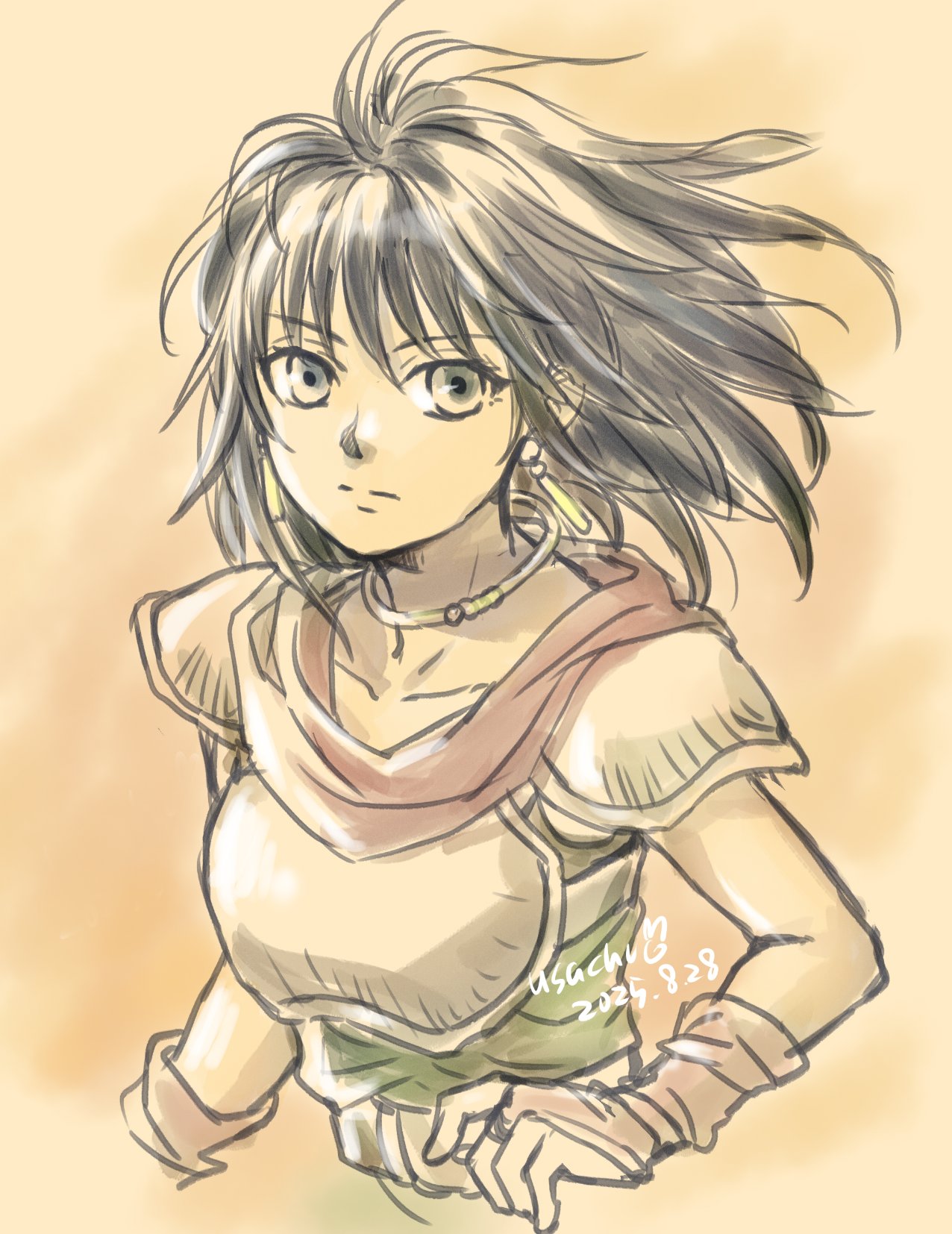 usachu now, mareeta (fire emblem), fire emblem, fire emblem: thracia 776, nintendo, highres, 1girl, armor, black hair, blue eyes, blue hair, breastplate, breasts, closed mouth, collarbone, earrings, fingerless gloves, gloves, jewelry, looking at viewer, neck ring, shoulder armor, simple background, solo, tunic, upper body