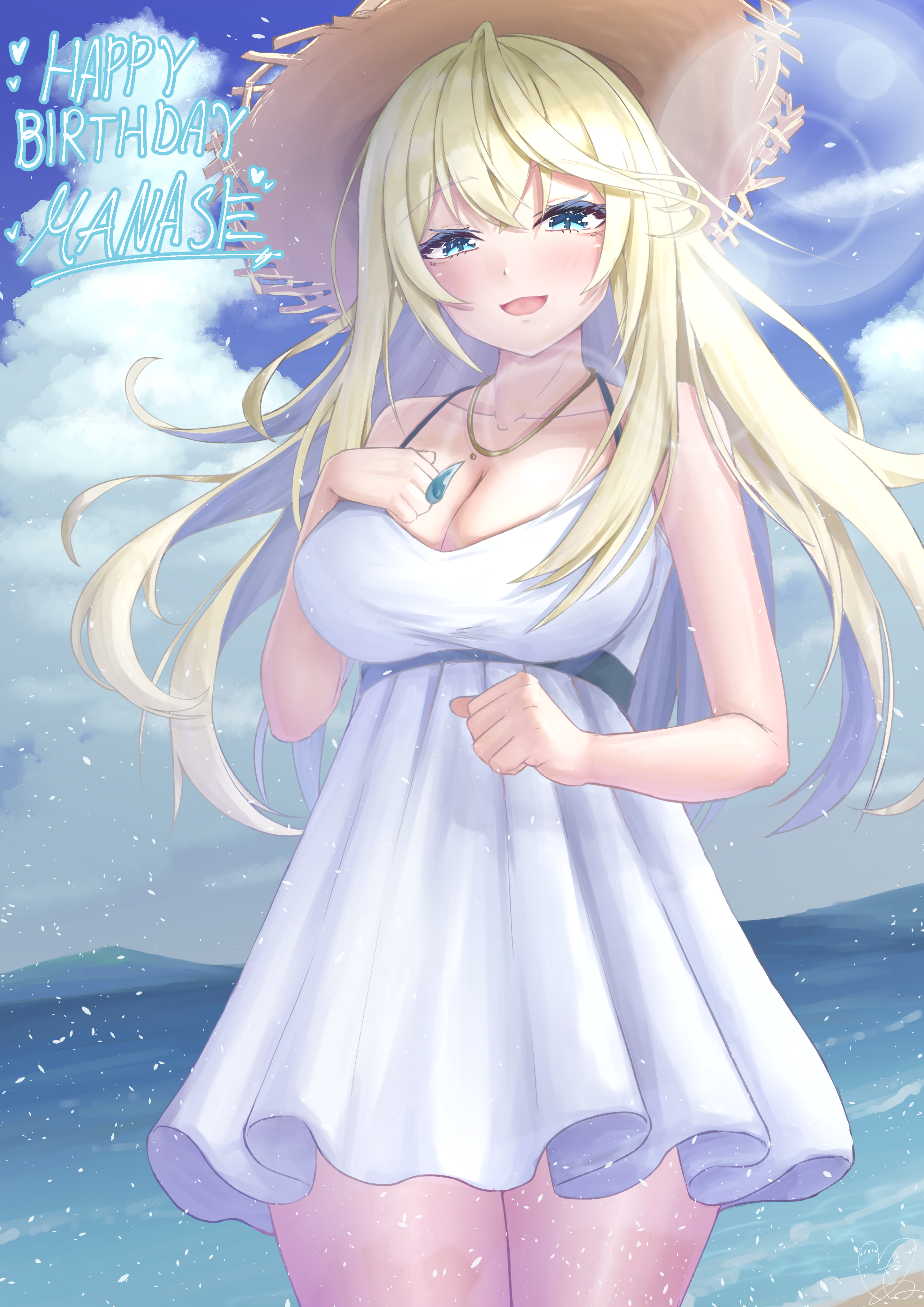 tanu (ace ikachan), manase yua, project blue (vtuber), absurdres, commentary request, highres, 1girl, bare arms, blonde hair, blue background, blue eyes, blue sky, breasts, cleavage, cloud, collarbone, colored eyelashes, cowboy shot, crossed bangs, day, dress, hair between eyes, hand on own chest, hand up, happy birthday, hat, jewelry, large breasts, light particles, long hair, looking at viewer, necklace, ocean, open mouth, outdoors, sky, sleeveless, sleeveless dress, smile, solo, straw hat, sundress, virtual youtuber, white dress, yellow hat