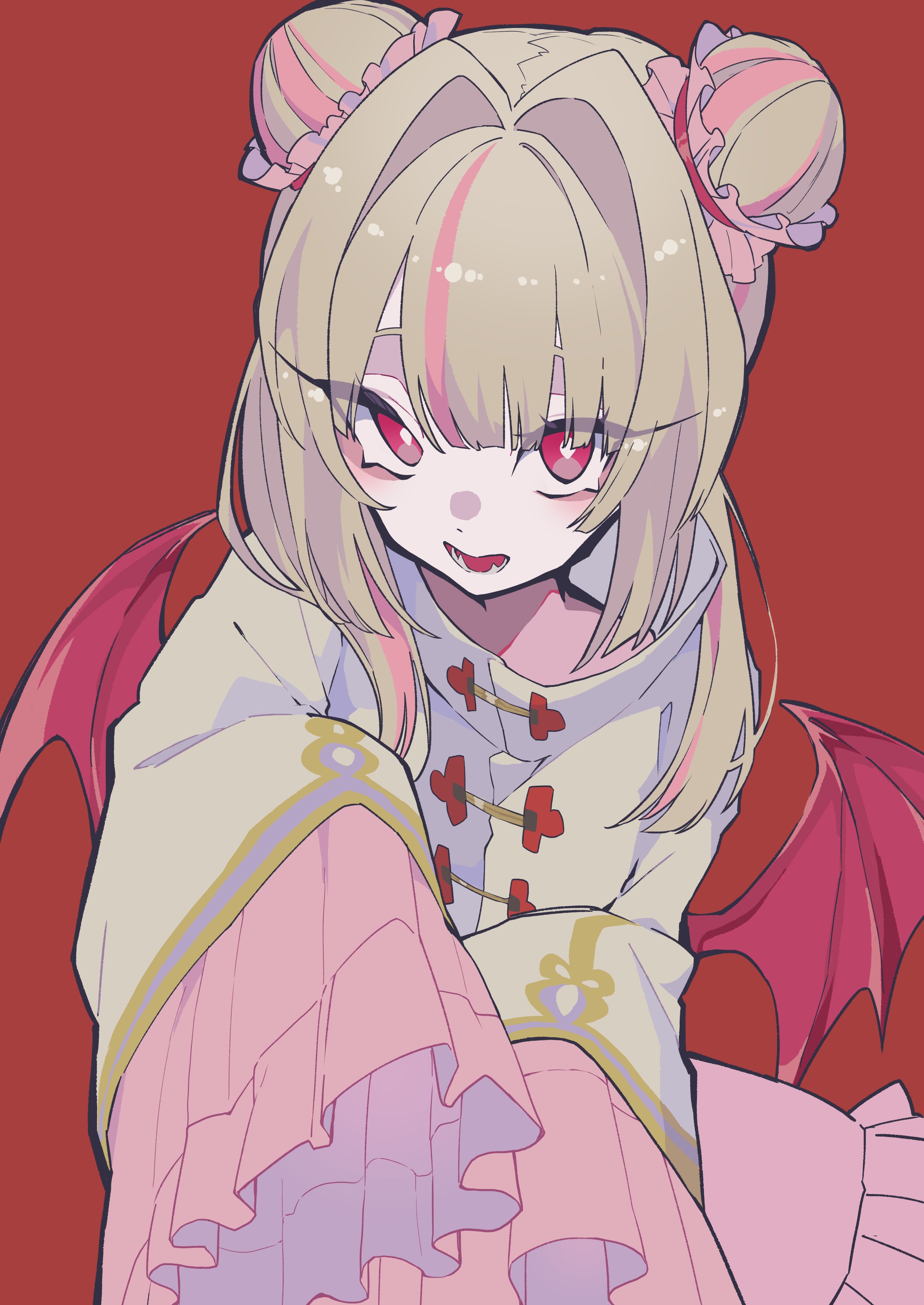 riuriu uoxou, makaino ririmu, nijisanji, absurdres, highres, 1girl, blunt bangs, chinese clothes, colored inner hair, demon wings, double bun, frilled sleeves, frills, ghost pose, grey hair, hair bun, hair intakes, hair over shoulder, jacket, long hair, long sleeves, looking at viewer, low wings, multicolored hair, official alternate costume, official alternate hairstyle, open mouth, pink frills, pink hair, pointy ears, red background, red eyes, red wings, sidelocks, simple background, sleeves past fingers, sleeves past wrists, solo, streaked hair, upper body, upturned eyes, virtual youtuber, white jacket, wings