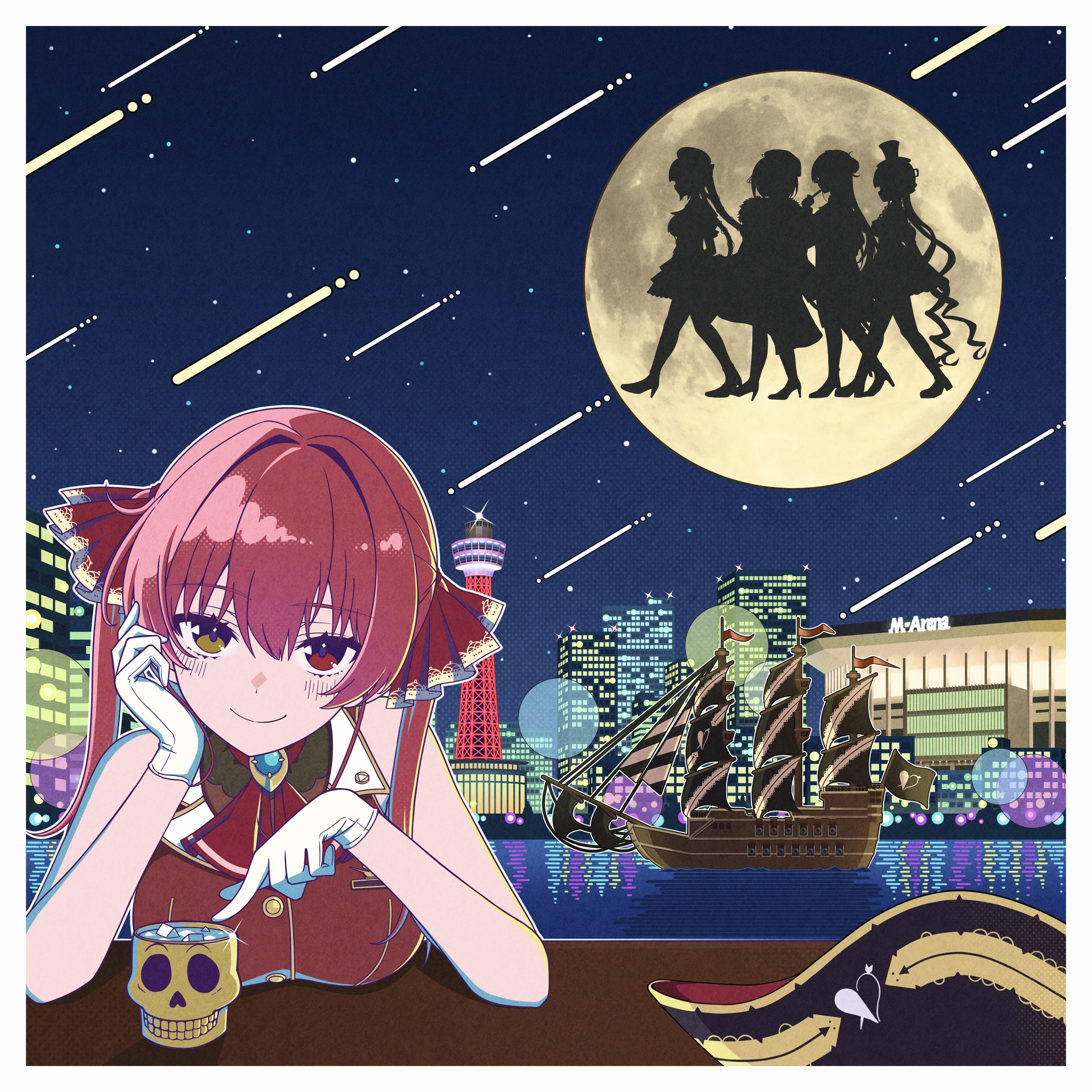 mt mozuku, houshou marine, houshou marine (1st costume), hololive, absurdres, highres, 1girl, bare shoulders, breasts, cup, full moon, heterochromia, jacket, large breasts, moon, night, outdoors, red eyes, red hair, red jacket, sleeveless, sleeveless jacket, solo, twintails, upper body, virtual youtuber, yellow eyes