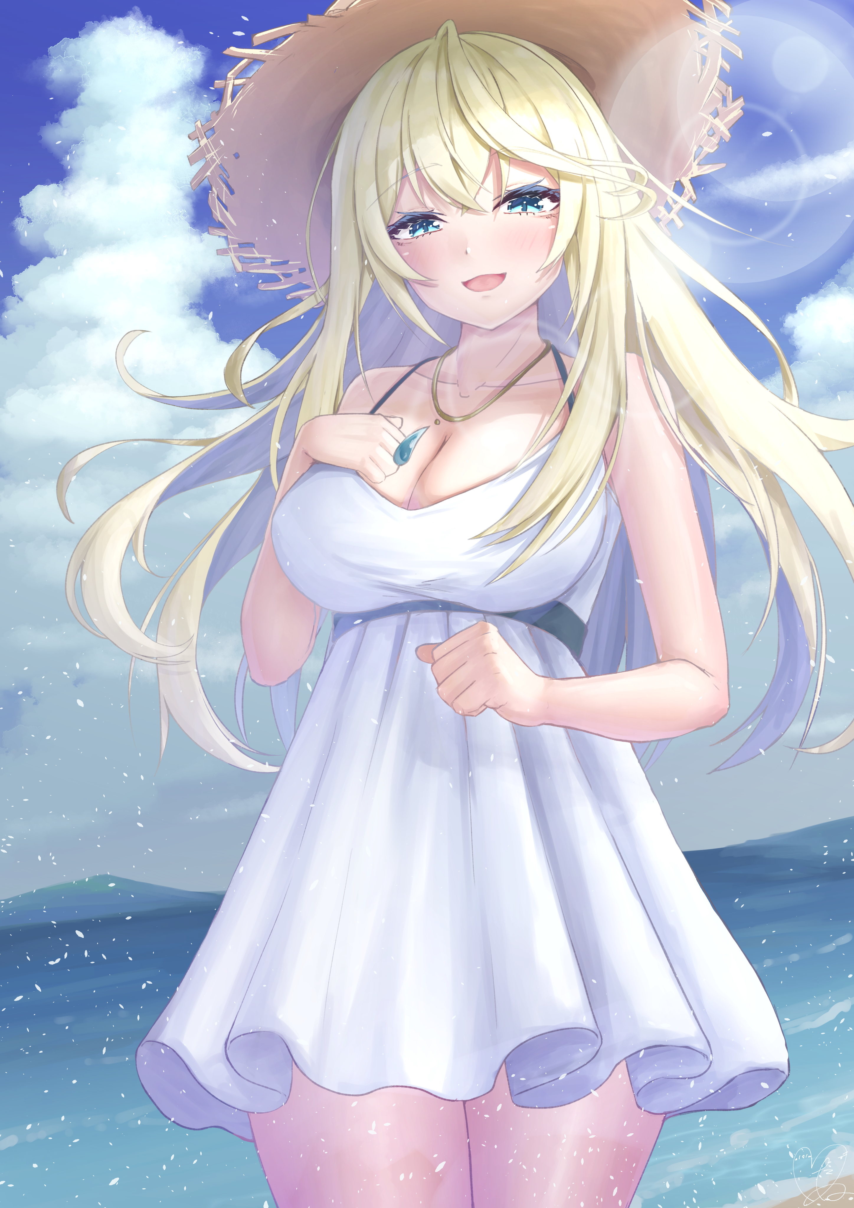 tanu (ace ikachan), manase yua, project blue (vtuber), absurdres, commentary request, highres, textless version, 1girl, bare arms, blonde hair, blue background, blue eyes, blue sky, breasts, cleavage, cloud, collarbone, colored eyelashes, cowboy shot, crossed bangs, day, dress, hair between eyes, hand on own chest, hand up, hat, jewelry, large breasts, light particles, long hair, looking at viewer, necklace, ocean, open mouth, outdoors, sky, sleeveless, sleeveless dress, smile, solo, straw hat, sundress, virtual youtuber, white dress, yellow hat