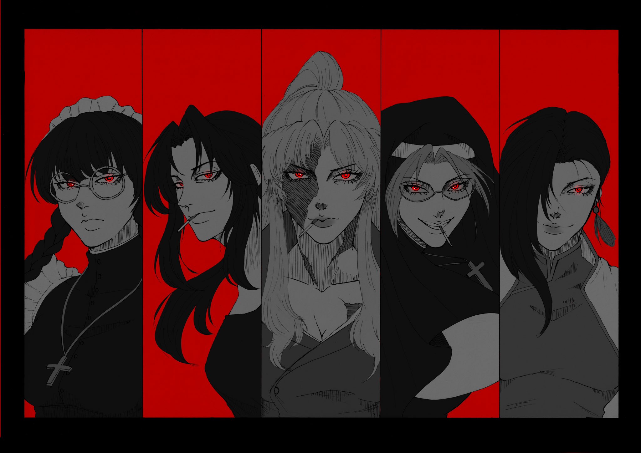 balalaika (black lagoon), eda (black lagoon), revy (black lagoon), roberta (black lagoon), shenhua, black lagoon, highres, 5girls, black hair, black veil, blonde hair, braid, breasts, burn scar, china dress, chinese clothes, cigar, cleavage, cross, dress, earrings, glasses, jewelry, large breasts, long hair, looking at viewer, maid, maid headdress, makeup, multiple girls, necklace, nun, osato sketch, ponytail, red background, red eyes, round eyewear, scar, scar across eye, scar on breasts, scar on face, smile, smoke, smoking, teeth, twin braids, veil