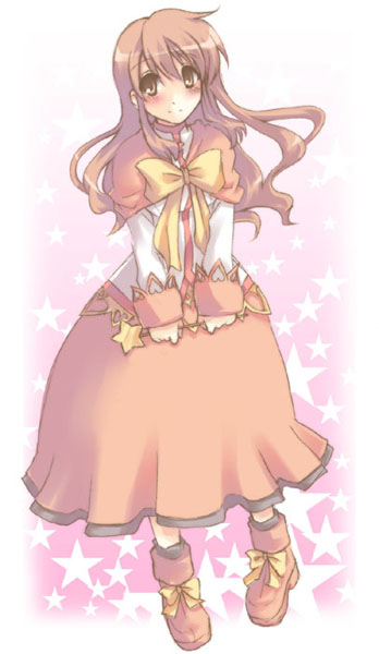 asahina mikuru, suzumiya haruhi no tomadoi, suzumiya haruhi no yuuutsu, 00s, 1girl, ankle boots, blush, boots, bow, bowtie, brown hair, dress, female focus, holding, long sleeves, red boots, red dress, solo, staff, wand, yellow bow, yellow bowtie