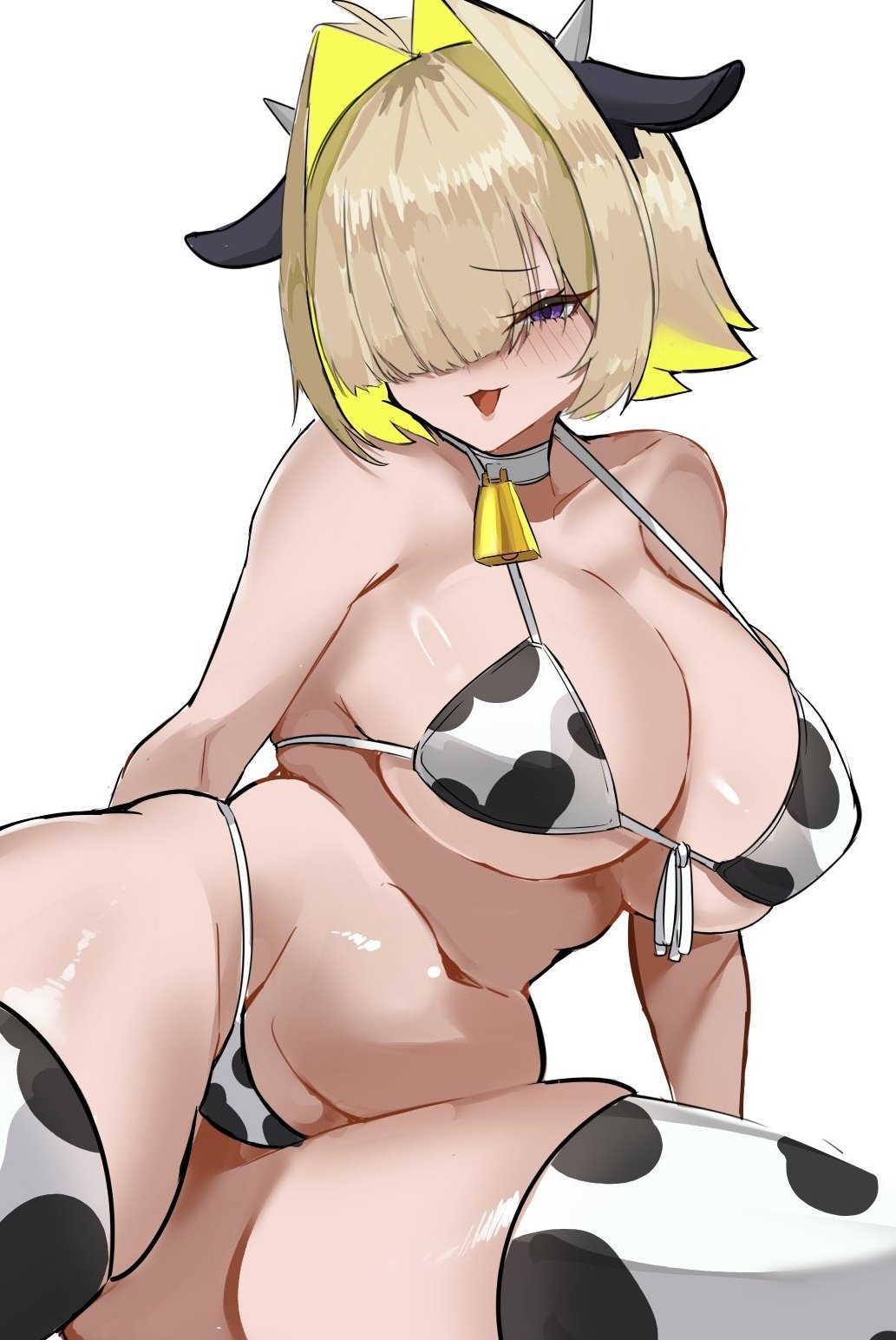 unknownnoname0, elegg (nikke), goddess of victory: nikke, commentary, commentary request, highres, 1girl, ahoge, animal ears, animal print, bell, bikini, blonde hair, blush, breasts, collar, cow print, cow print bikini, cowbell, fake animal ears, fake horns, hair intakes, hair over eyes, horns, large breasts, long bangs, multicolored hair, navel, open mouth, plump, print bikini, purple eyes, short hair, simple background, sitting, smile, solo, swimsuit, thighhighs, thighs, two-tone hair