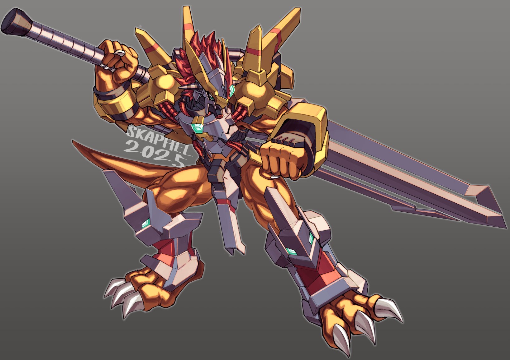 skaphel, victorygreymon, digimon, highres, armor, artist name, colored skin, digimon (creature), dragon, full body, gradient background, green eyes, grey background, holding, holding sword, holding weapon, horns, orange skin, red hair, short hair, simple background, sword, weapon, yellow armor
