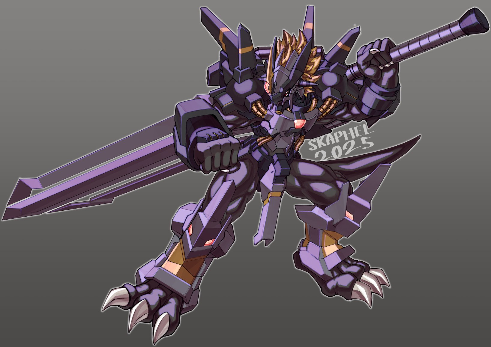 skaphel, victorygreymon, digimon, highres, alternate color, armor, artist name, black armor, black skin, blonde hair, colored skin, digimon (creature), dragon, full body, gradient background, grey background, holding, holding sword, holding weapon, horns, short hair, simple background, sword, weapon, yellow eyes