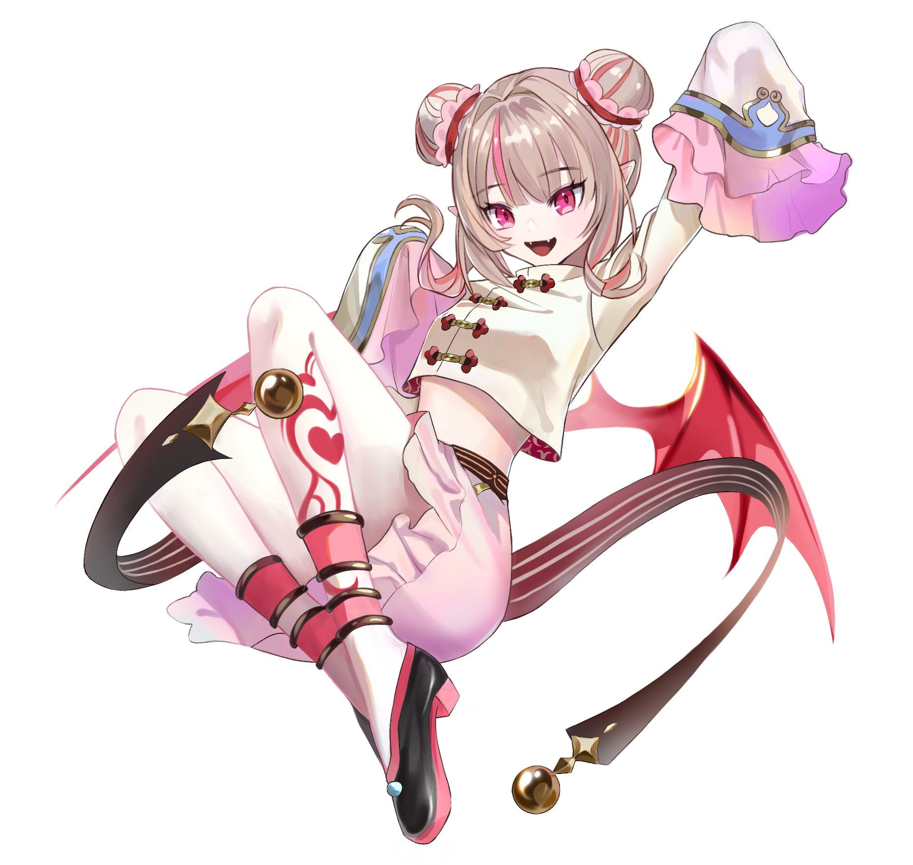 makaino ririmu, nijisanji, highres, 1girl, ankleband, arm up, black shoes, blunt bangs, breasts, chinese clothes, colored inner hair, crop top, crop top overhang, cropped jacket, demon wings, double bun, fangs, floating, frilled skirt, frilled sleeves, frills, full body, grey hair, hair bun, hair intakes, hair over shoulder, jacket, knees apart feet together, knees up, leg tattoo, legs folded, long hair, long sleeves, low wings, midriff, miniskirt, multicolored hair, official alternate costume, official alternate hairstyle, open mouth, pink frills, pink hair, pink skirt, pointy ears, red eyes, red wings, shengchuanwu, shoes, sidelocks, simple background, skirt, sleeves past fingers, sleeves past wrists, small breasts, solo, streaked hair, tattoo, virtual youtuber, white background, white jacket, wings