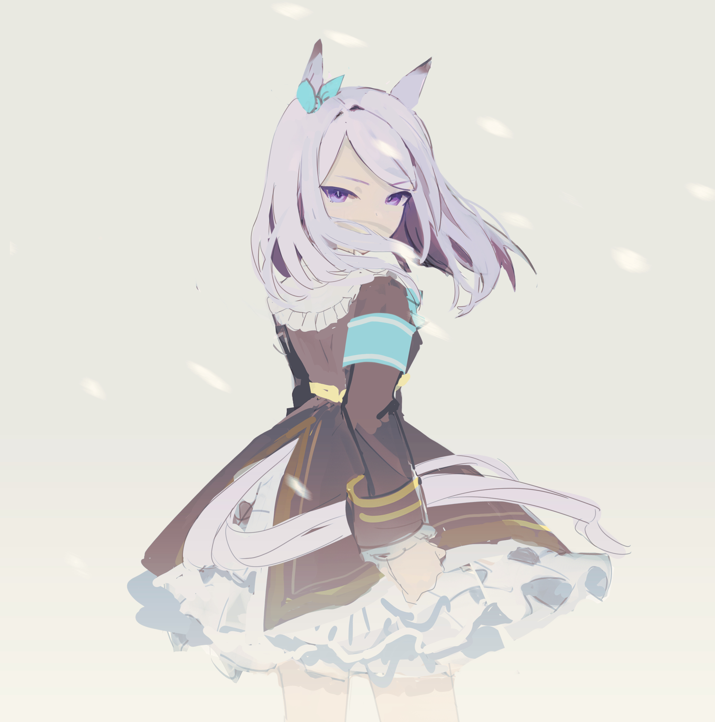 souji touban, mejiro mcqueen (umamusume), umamusume, absurdres, highres, 1girl, animal ears, aqua bow, armband, black jacket, blue armband, bow, ear bow, horse ears, horse girl, horse tail, jacket, long hair, long sleeves, looking at viewer, purple eyes, purple hair, simple background, skirt, solo, tail, white skirt