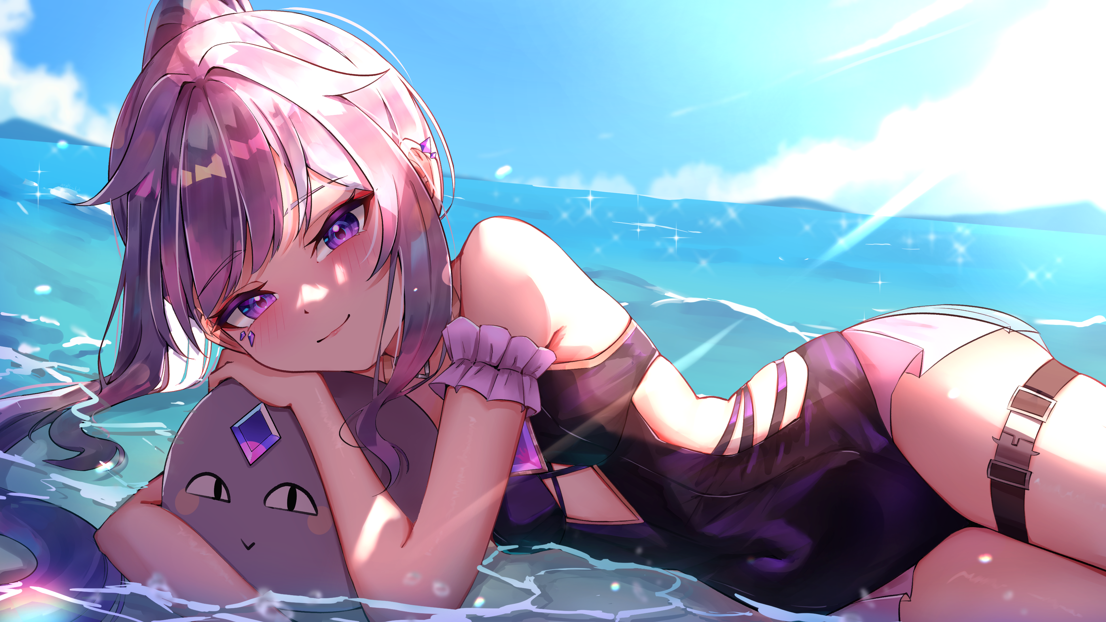 patter kub, koseki bijou, koseki bijou (holonatsu paradise), pebble (koseki bijou), hololive, absurdres, highres, 1girl, armband, bare shoulders, black armband, black one-piece swimsuit, blush, breasts, chest jewel, closed mouth, day, frilled armband, frills, gem, in water, jewel under eye, long hair, looking at viewer, lying, ocean, official alternate costume, official alternate hairstyle, on side, one-piece swimsuit, outdoors, ponytail, purple armband, purple eyes, purple gemstone, small breasts, smile, solo, sparkle, swimsuit, thigh strap, very long hair, virtual youtuber