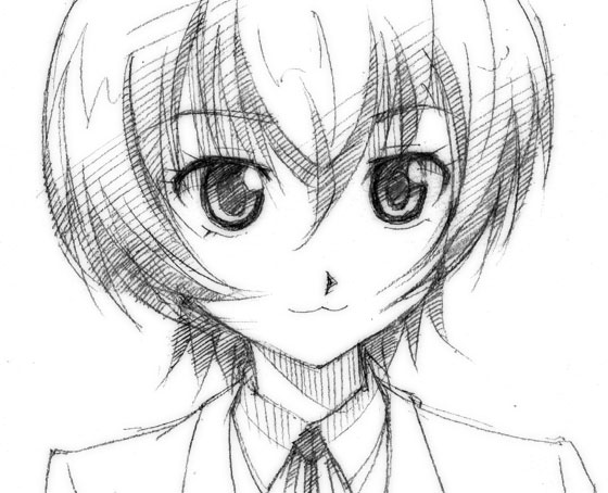 gofu, minami touma, minami-ke, traditional media, 00s, 1girl, :3, androgynous, female focus, greyscale, monochrome, reverse trap, short hair, sketch, solo, tomboy