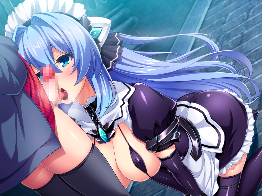 inoino, exs-tia, katsuragi marina, kouyoku senki exs-tia, game cg, large variant set, non-web source, official art, variant set, 1boy, 1girl, all fours, apron, bikini, bikini top only, black bikini, black gloves, black thighhighs, blue eyes, blue hair, blush, boots, breasts, brick floor, censored, chain, chest jewel, collar, covered erect nipples, dress, dutch angle, elbow gloves, fellatio, floating hair, frilled skirt, frills, gloves, hair between eyes, hair intakes, headgear, hetero, imminent fellatio, jacket, kneeling, large breasts, licking, licking penis, long hair, maid, maid headdress, micro bikini, mosaic censoring, open mouth, oral, penis, precum, puffy short sleeves, puffy sleeves, saliva, shiny clothes, short sleeves, skirt, solo focus, stone floor, swimsuit, thighhighs, tongue, tongue out, very long hair, waist apron