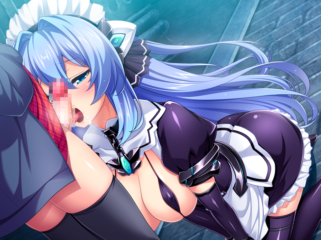 inoino, exs-tia, katsuragi marina, kouyoku senki exs-tia, game cg, large variant set, non-web source, official art, variant set, 1boy, 1girl, all fours, apron, bikini, bikini top only, black bikini, black gloves, black thighhighs, blue eyes, blue hair, blush, boots, breasts, brick floor, censored, chain, chest jewel, collar, covered erect nipples, dress, dutch angle, elbow gloves, fellatio, frills, gloves, hair between eyes, hair intakes, half-closed eyes, headgear, hetero, jacket, kneeling, large breasts, licking, licking penis, long hair, maid, maid headdress, micro bikini, mosaic censoring, open mouth, oral, penis, precum, puffy short sleeves, puffy sleeves, saliva, shiny clothes, short sleeves, skirt, solo focus, stone floor, swimsuit, thighhighs, tongue, tongue out, very long hair, waist apron