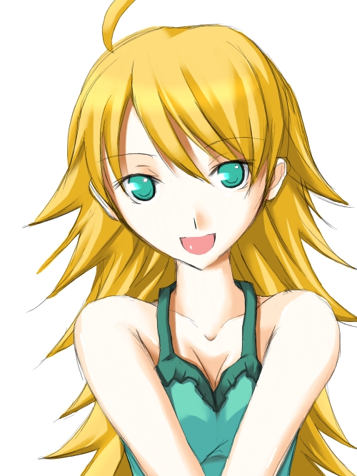 ribi, hoshii miki, idolmaster, idolmaster (classic), idolmaster 1, 00s, 1girl, :d, ahoge, bare shoulders, blonde hair, blush, breasts, camisole, cleavage, collarbone, female focus, green shirt, long hair, open mouth, shirt, sleeveless, sleeveless shirt, smile, solo, v arms, very long hair