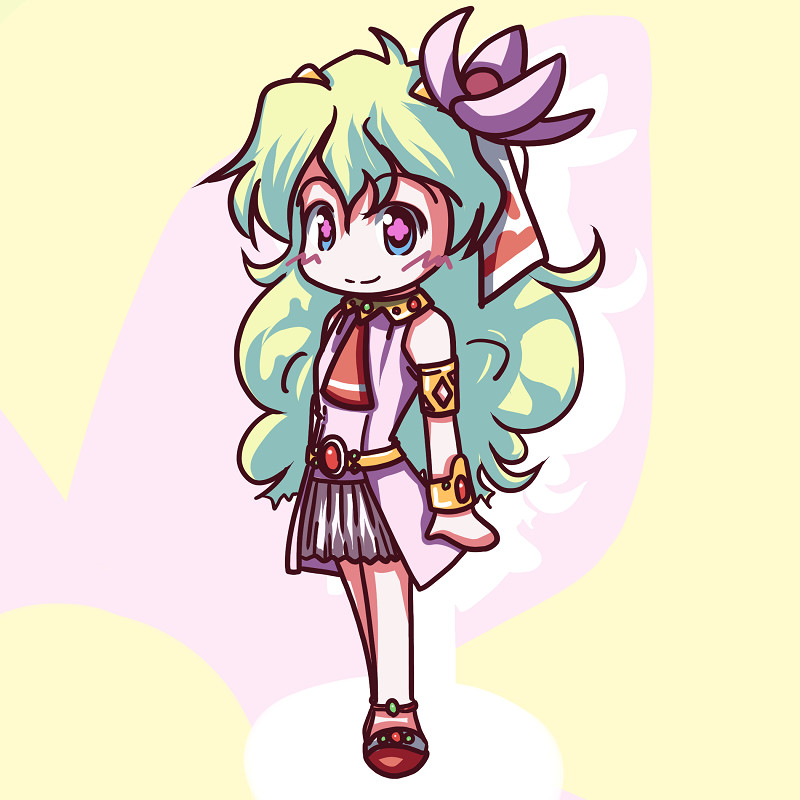 fictional sister, nia teppelin, tengen toppa gurren lagann, 00s, 1girl, aqua hair, armlet, ascot, blue eyes, bracelet, brooch, chibi, dress, female focus, full body, gem, jewelry, long hair, pink dress, solo, standing, very long hair