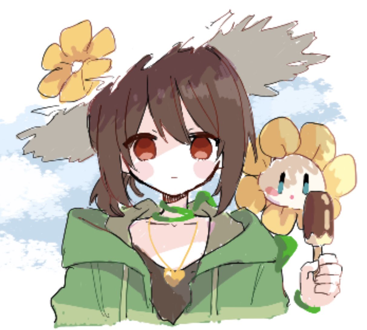 smy 610, chara (undertale), flowey (undertale), undertale, utdr (toby fox), 1boy, 1other, androgynous, black shirt, blank eyes, blue sky, blush, brown hair, closed mouth, cloud, cloudy sky, day, drawstring, flower, food, gold necklace, hat, heart, heart necklace, holding, holding food, holding ice cream, hood, hood down, hoodie, ice cream, jewelry, long sleeves, looking at viewer, necklace, open mouth, other focus, outdoors, plant, popsicle, red eyes, shirt, short hair, simple background, sky, solo, straw hat, striped clothes, striped hoodie, summer, sun hat, sunlight, vines, yellow flower