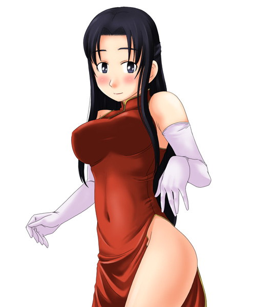 toshifumi, hosokawa kanako, maria-sama ga miteru, 00s, 1girl, bare shoulders, black eyes, black hair, blush, breasts, china dress, chinese clothes, dress, elbow gloves, female focus, gloves, side slit, simple background, solo