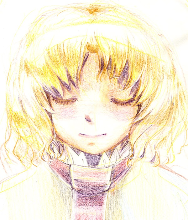 yuu (kfc), alice margatroid, touhou, traditional media, 1girl, blonde hair, closed eyes, crayon, female focus, simple background, solo, white background