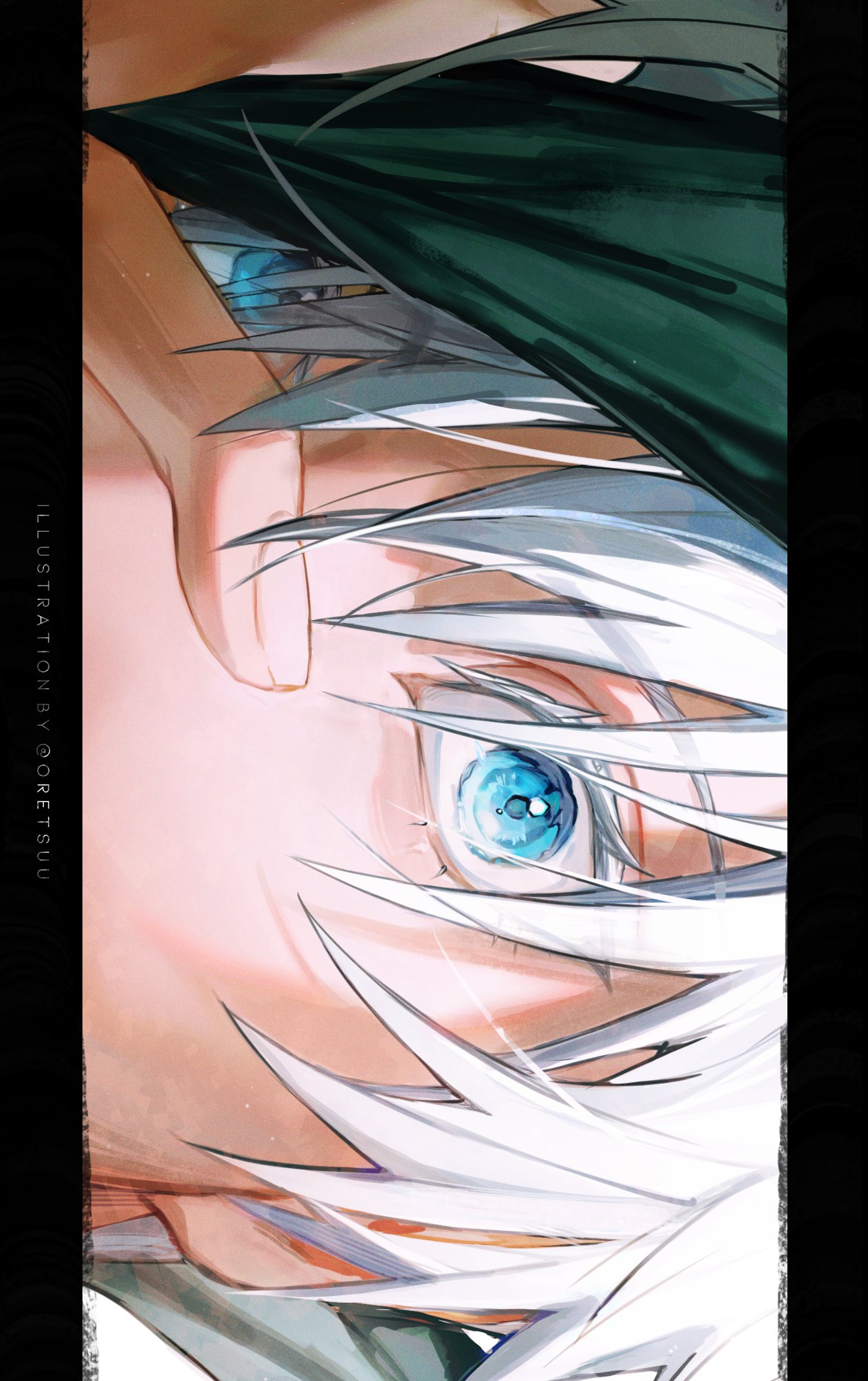 oretsuu, gojou satoru, jujutsu kaisen, commentary, highres, 1boy, artist name, blue eyes, eye focus, eyelashes, looking at viewer, male focus, short hair, simple background, solo, white background, white hair