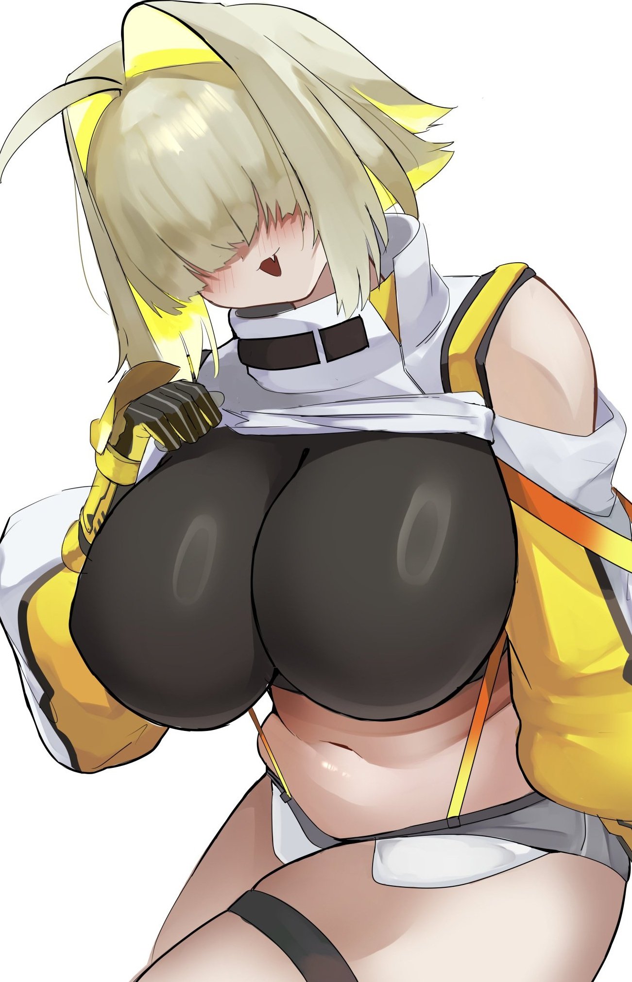 unknownnoname0, elegg (nikke), goddess of victory: nikke, commentary, commentary request, highres, 1girl, ahoge, blonde hair, blush, breasts, clothes lift, fang, gloves, hair intakes, hair over eyes, huge breasts, long bangs, looking at viewer, multicolored hair, navel, open mouth, short hair, shorts, simple background, smile, solo, thighs, two-tone hair, white background