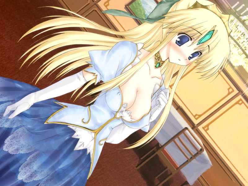 hinamatsuri touko, riesz, seiken densetsu, seiken densetsu 3, game cg, 1girl, blonde hair, blue eyes, breasts, cleavage, covered erect nipples, dress, dutch angle, elbow gloves, female focus, forehead jewel, gloves, long hair, solo