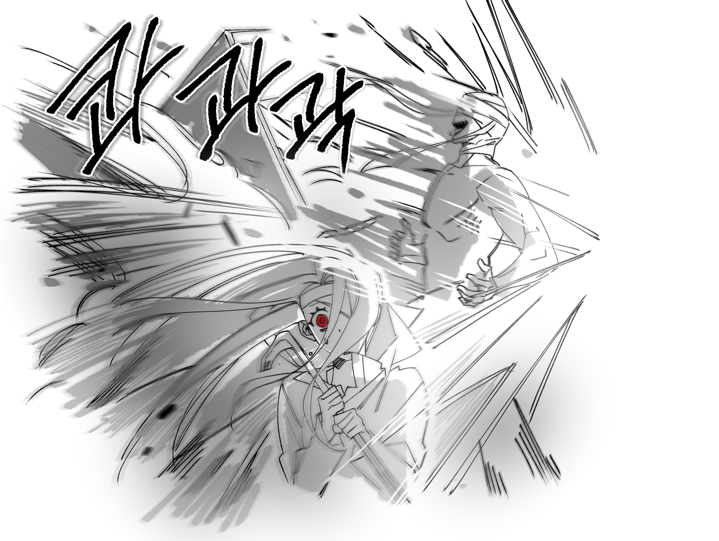 bbabbamis2, adashino adami, mr. machete, homicipher, commentary request, highres, korean commentary, translation request, 1boy, 1girl, bandaged head, bandages, crowbar, explosion, hair over one eye, holding, holding crowbar, hood, hood down, korean text, long hair, raincoat, red eyes, ringed eyes, sharp teeth, spot color, teeth, very long hair, white background