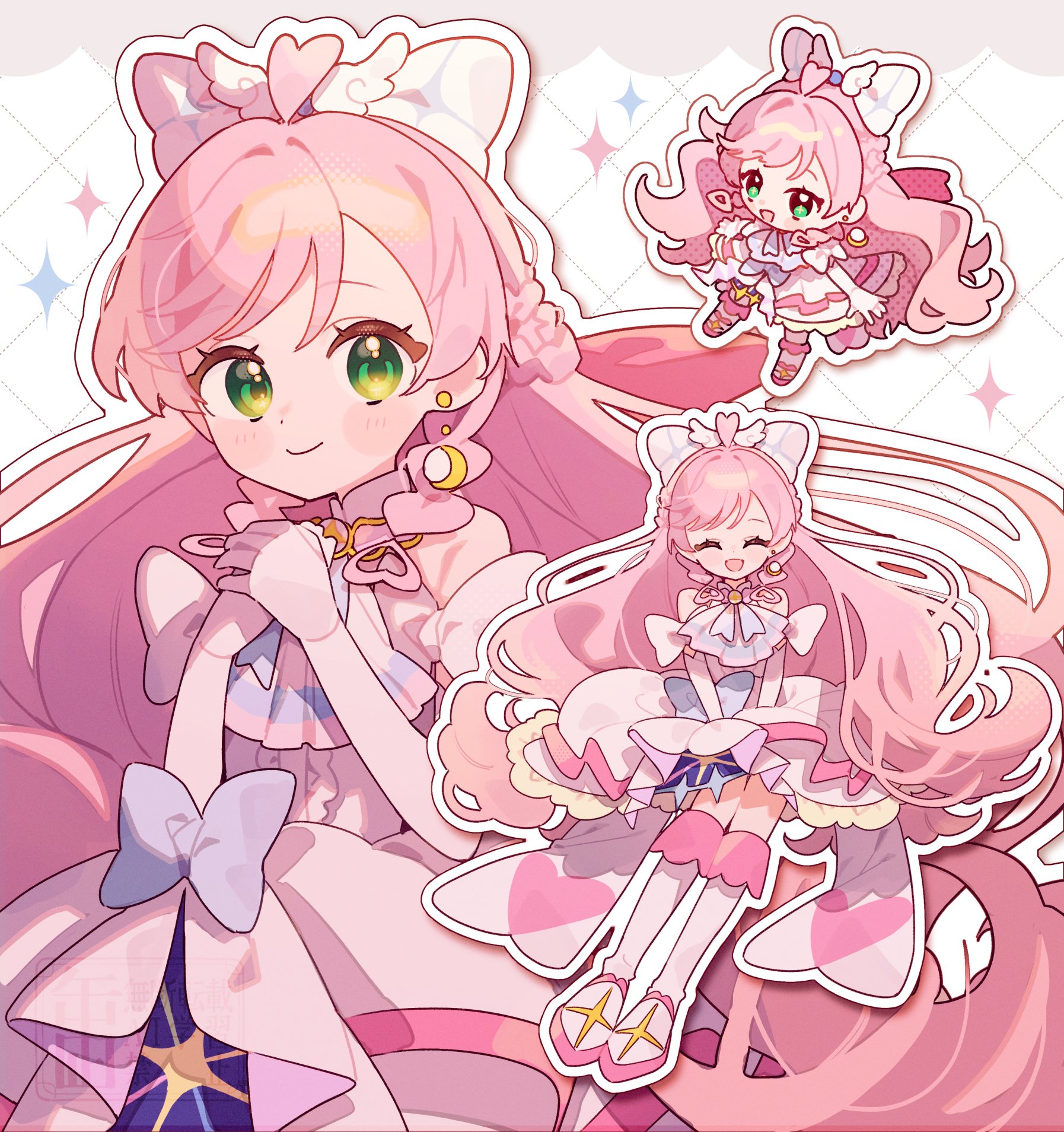 kannagi6, cure prism, nijigaoka mashiro, hirogaru sky! precure, precure, highres, 1girl, :d, ^ ^, ahoge, arm bow, ascot, bare shoulders, blue bow, boots, bow, braid, brooch, center frills, closed eyes, closed mouth, dotted line, dress, dress bow, earrings, elbow gloves, frilled dress, frills, gloves, green eyes, grid background, hair bow, hair ornament, half up braid, halter dress, halterneck, hands on own chest, heart, heart ahoge, jewelry, layered dress, light blush, long hair, looking at viewer, magical girl, medium dress, multiple views, open mouth, outline, own hands together, pink hair, side braids, single earring, sitting, sleeveless, sleeveless dress, smile, sparkle, sphere earrings, swept bangs, very long hair, watermark, white ascot, white background, white boots, white bow, white dress, white gloves, white outline, wing brooch, wing hair ornament