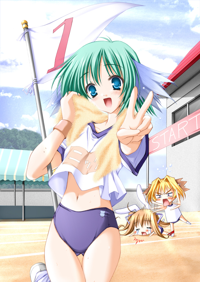 moekibara fumitake, nikke (purism egoist), piz, run (purism egoist), purism egoist, 3girls, animal ears, blue eyes, buruma, chibi, flag, green hair, gym uniform, midriff, multiple girls, navel, numbered flag, rabbit ears, running track, towel, track and field, v, white flag