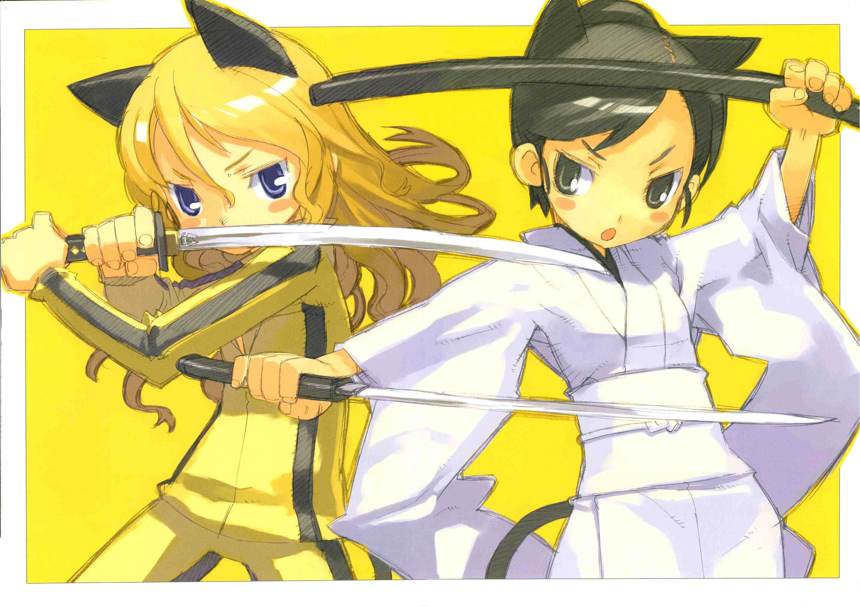 kuroboshi kouhaku, beatrix kiddo, o-ren ishii, kill bill, highres, 2girls, animal ears, animification, black hair, blonde hair, blue eyes, bruce lee's jumpsuit, cat ears, cat tail, fighting stance, japanese clothes, katana, kemonomimi mode, kimono, multiple girls, ox guard, parody, scabbard, sheath, shirasaya, sword, tail, track suit, weapon
