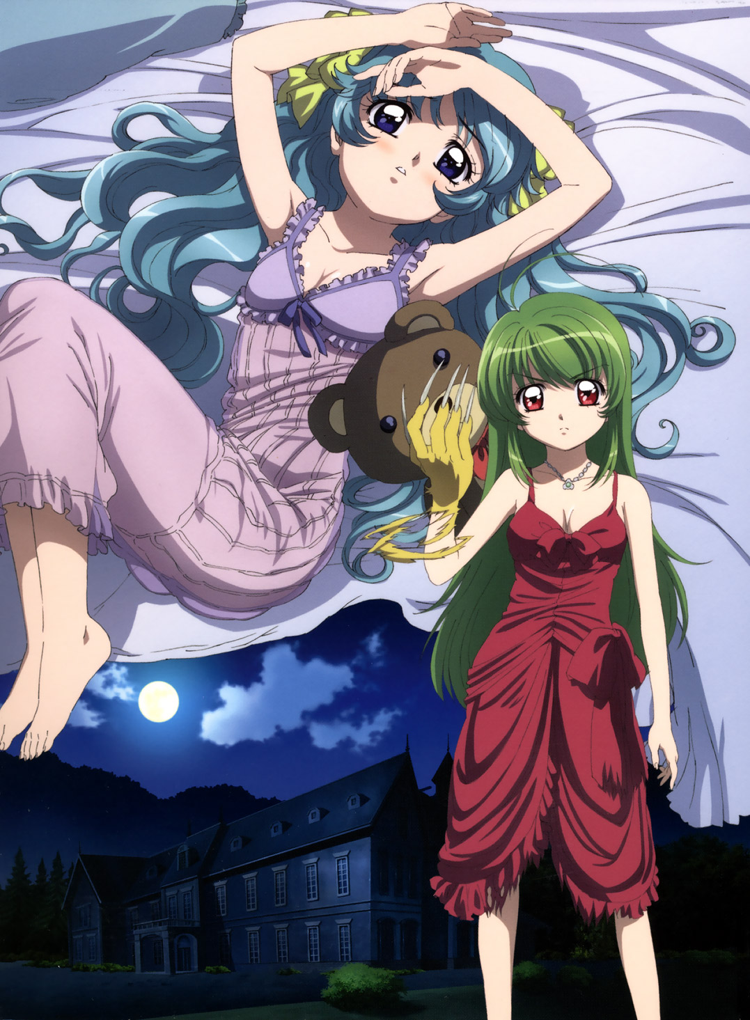 shindou kei (inukami), youko (inukami), inukami!, highres, official art, scan, 00s, 2girls, angry, antenna hair, armpits, arms up, barefoot, bed, blue eyes, blue hair, blush, bow, breasts, building, claws, cleavage, cloud, dress, feet, flat chest, from above, frown, green hair, jewelry, lingerie, long hair, lying, moon, multiple girls, necklace, night, night sky, nightgown, on back, outdoors, pendant, red eyes, sky, standing, stuffed animal, stuffed toy, teddy bear, torn clothes, underwear, very long hair, wavy hair