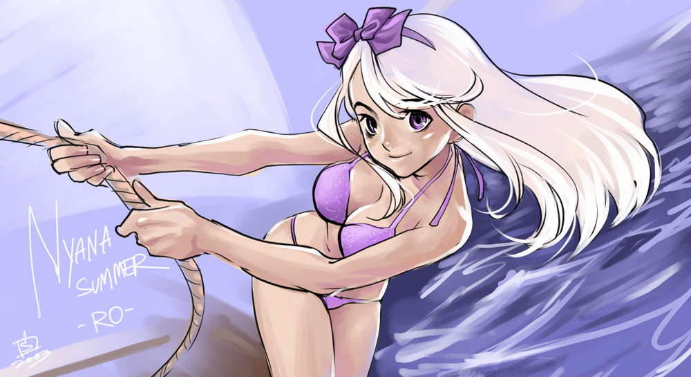 1girl, bikini, breasts, cleavage, large breasts, long hair, purple eyes, purple hair, rope, swimsuit, water, white hair