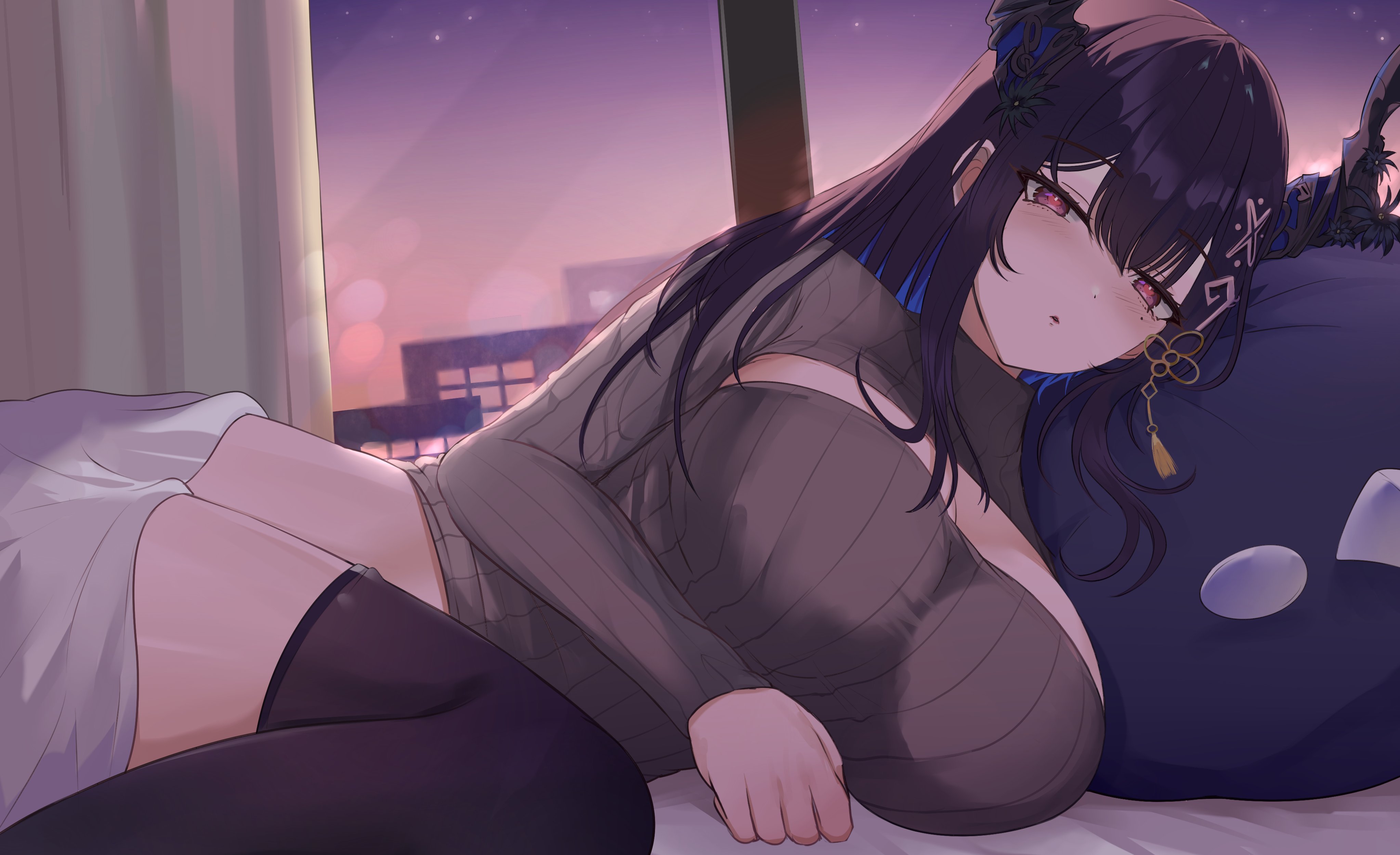karu (karusenpai), nerissa ravencroft, hololive, hololive english, absurdres, highres, 1girl, black hair, black horns, black thighhighs, blue hair, blush, breasts, grey sweater, heart, heart-shaped pupils, horns, huge breasts, indoors, lying, mole, mole under eye, multicolored hair, on bed, on side, purple eyes, solo, sweater, symbol-shaped pupils, thighhighs, two-tone hair, virtual youtuber, window