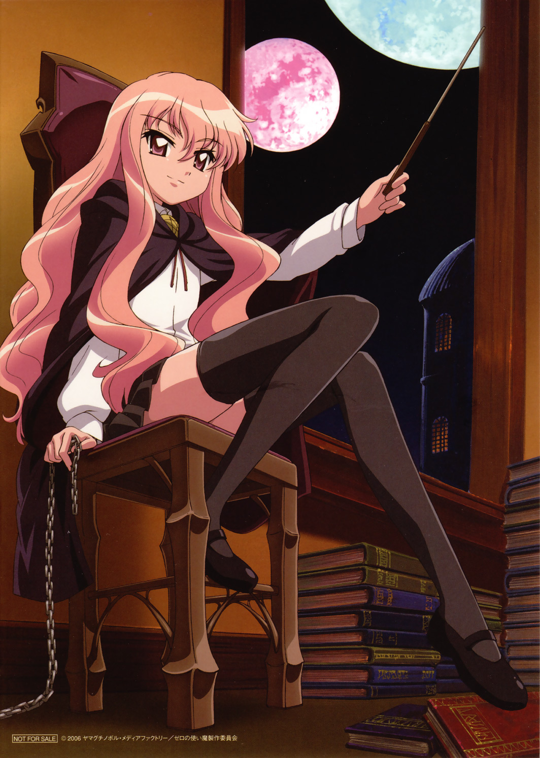 usatsuka eiji, louise francoise le blanc de la valliere, zero no tsukaima, highres, official art, scan, 00s, 1girl, 2006, black thighhighs, book, cape, chain, chair, dated, female focus, flat chest, foreshortening, full body, full moon, hair between eyes, holding, indoors, light smile, long hair, long legs, looking at viewer, mary janes, miniskirt, moon, night, night sky, on chair, outstretched arm, pentacle, pink eyes, pink hair, pleated skirt, school uniform, serafuku, shirt, shoes, sidelocks, sitting, skirt, sky, smile, solo, thighhighs, very long hair, wand, wavy hair, window, zettai ryouiki