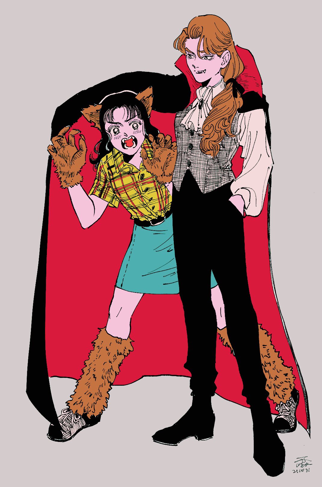 highres, 2girls, animal ears, belt, belt buckle, black belt, black cape, blue skirt, buckle, cape, claws, fang, fangs, fujichika (icco 8), grey background, halloween, low side ponytail, multiple girls, orange hair, plaid clothes, plaid shirt, shirt, signature, skirt, sukeban to tenkousei, v-shaped eyebrows, vampire, werewolf costume, wolf ears