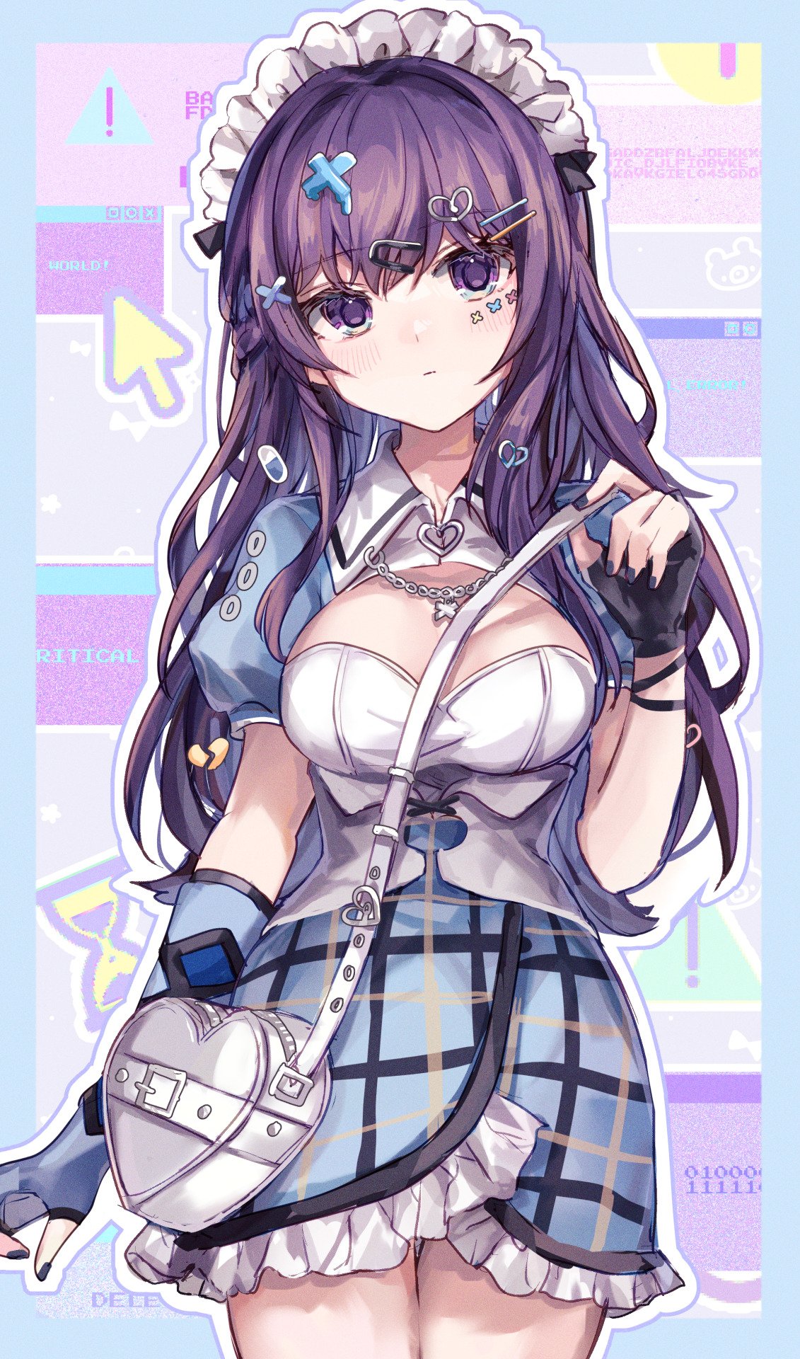 shafu! (404not found), asahina mafuyu, project sekai, commentary request, highres, !, 1girl, arm at side, asymmetrical gloves, bag, black gloves, black nails, black trim, blue border, blue gloves, blue skirt, border, breasts, chain, cleavage, cleavage cutout, closed mouth, clothing cutout, collared shirt, cowboy shot, cursor, elbow gloves, expressionless, fingerless gloves, frilled skirt, frills, gloves, grey background, hair between eyes, hair ornament, hair over shoulder, hairclip, hand up, headdress, heart, heart-shaped bag, heart hair ornament, holding, holding bag, hourglass, long hair, looking at viewer, medium breasts, miniskirt, mismatched gloves, nail polish, outline, outside border, plaid clothes, plaid skirt, puffy short sleeves, puffy sleeves, purple eyes, purple hair, raglan sleeves, shirt, short sleeves, shoulder bag, simple background, single elbow glove, skirt, solo, standing, straight-on, very long hair, wavy hair, white bag, white headdress, white outline, white shirt, window (computing), x hair ornament