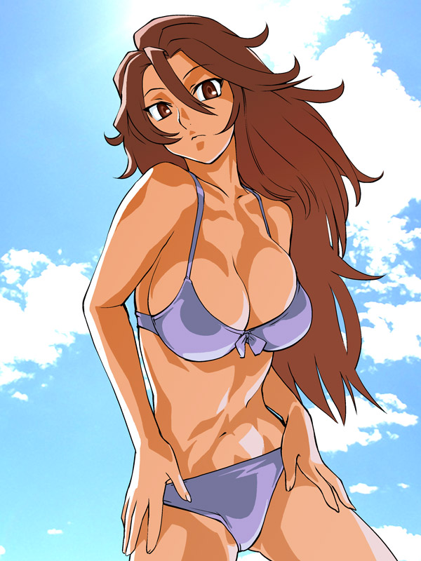 ueyama michirou, sumeragi lee noriega, gundam, gundam 00, 00s, 1girl, bikini, breasts, cloud, day, female focus, large breasts, long hair, navel, purple bikini, sky, solo, swimsuit