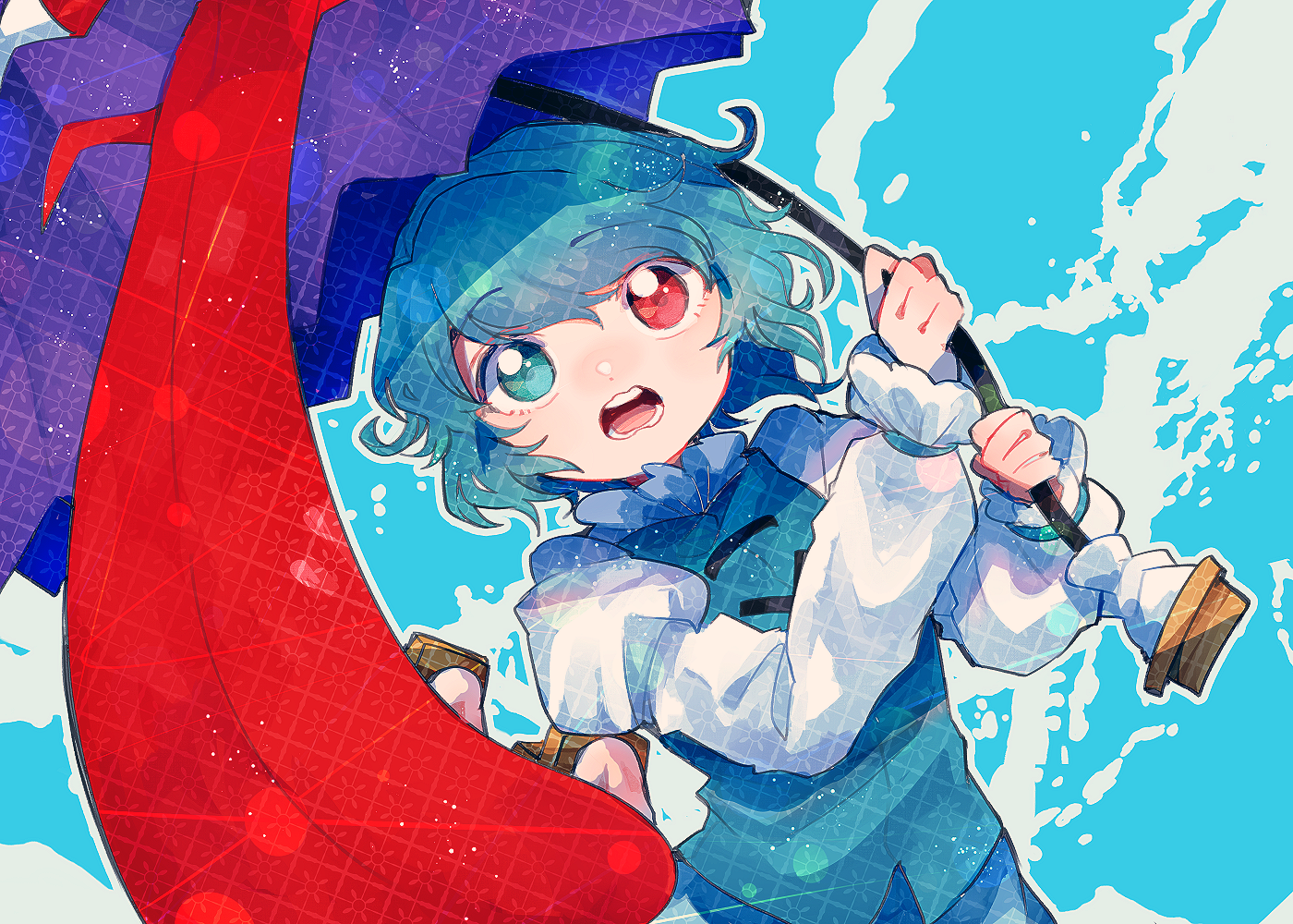 itomugi-kun, tatara kogasa, touhou, commentary request, 1girl, aqua background, aqua eyes, aqua hair, geta, heterochromia, holding, holding umbrella, juliet sleeves, karakasa obake, long sleeves, looking at viewer, open mouth, puffy sleeves, purple umbrella, red eyes, shirt, short hair, socks, solo, tongue, tongue out, umbrella, upper body, white shirt, white socks