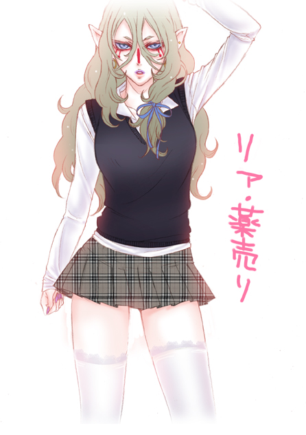 kusuriuri (mononoke), mononoke, gender request, 00s, 1girl, alternate costume, blonde hair, blue eyes, contemporary, facepaint, female focus, genderswap, hair tie, long hair, makeup, no headwear, plaid clothes, plaid skirt, pointy ears, school uniform, serafuku, skirt, solo, sweater vest, thighhighs, vest, zettai ryouiki