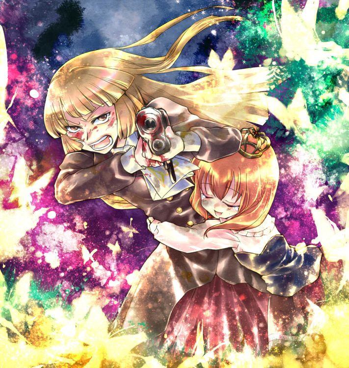 kinkirara, queen qko, ushiromiya maria, ushiromiya rosa, turn of the golden witch, umineko no naku koro ni, 00s, 2girls, age difference, ascot, blonde hair, blood, bloody weapon, blunt bangs, brown eyes, brown hair, bug, butterfly, closed eyes, crown, gun, hime cut, holding, holding weapon, hug, insect, long hair, looking at viewer, mother and daughter, multiple girls, open mouth, orange hair, rifle, smile, tears, weapon