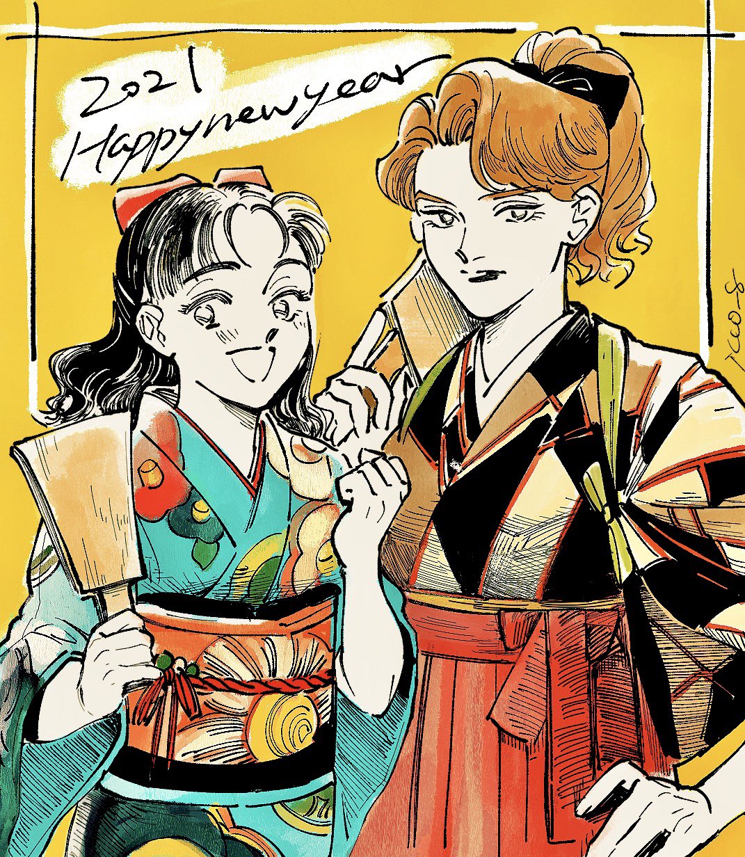 highres, object request, 2021, :d, black hair, blue kimono, closed mouth, fujichika (icco 8), happy new year, holding, japanese clothes, kimono, new year, official alternate costume, official alternate hairstyle, open mouth, orange hair, ponytail, smile, split mouth, sukeban to tenkousei, twitter username, yellow background