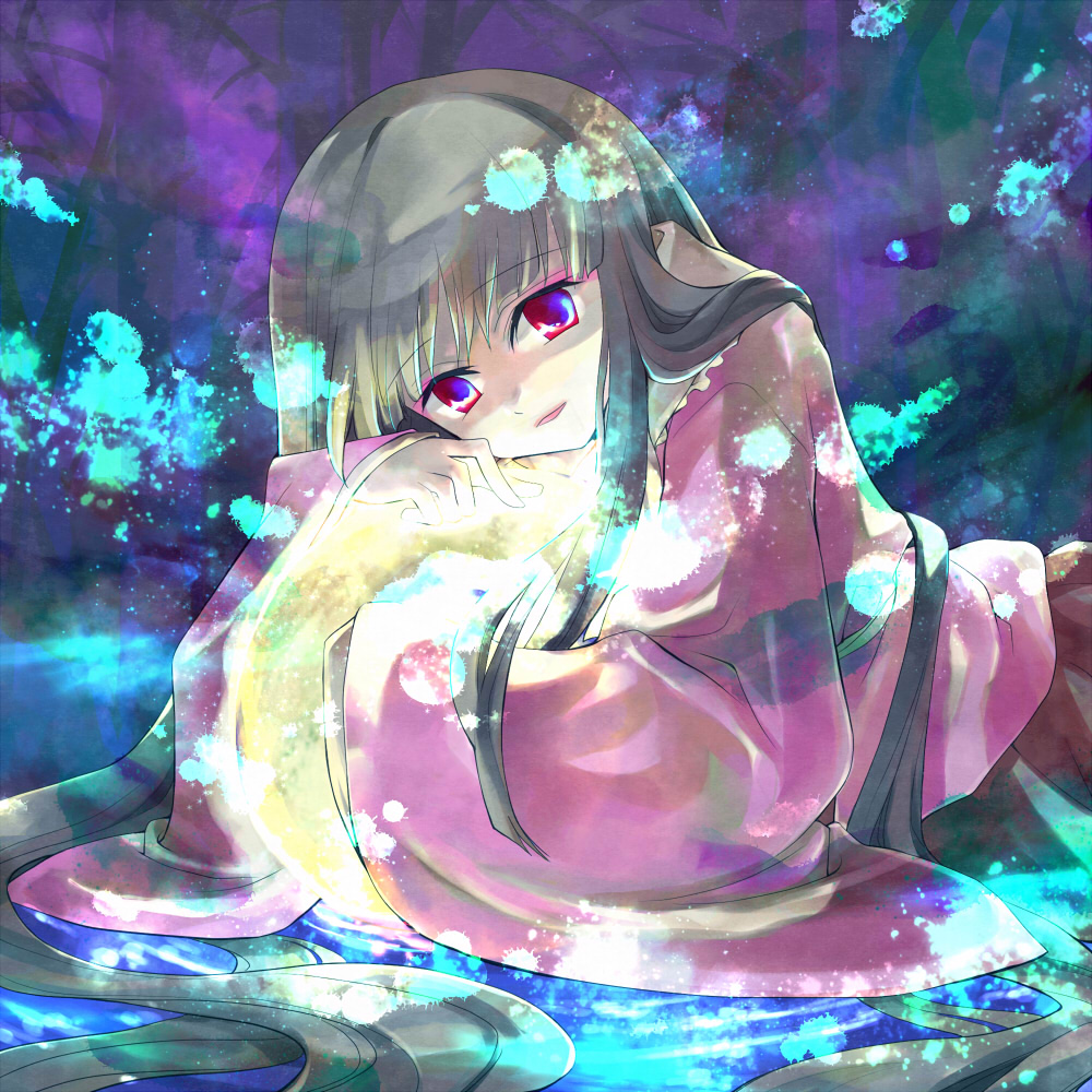 kinkirara, queen qko, houraisan kaguya, touhou, 1girl, :d, afloat, black hair, blunt bangs, dress, female focus, head tilt, long sleeves, looking at viewer, lying, on stomach, open mouth, purple eyes, red dress, shaded face, sidelocks, smile, solo, water, wide sleeves