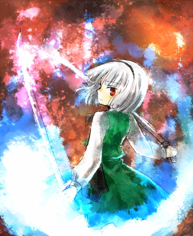 kinkirara, queen qko, konpaku youmu, konpaku youmu (ghost), touhou, 1girl, female focus, hitodama, katana, solo, sword, weapon
