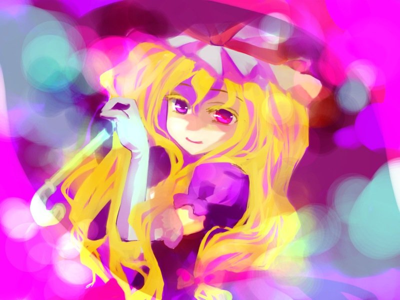 kinkirara, queen qko, yakumo yukari, touhou, 1girl, blonde hair, dress, elbow gloves, evil smile, female focus, gloves, hat, holding, long hair, mob cap, puffy short sleeves, puffy sleeves, purple dress, shaded face, short sleeves, smile, solo, umbrella, upper body, white gloves