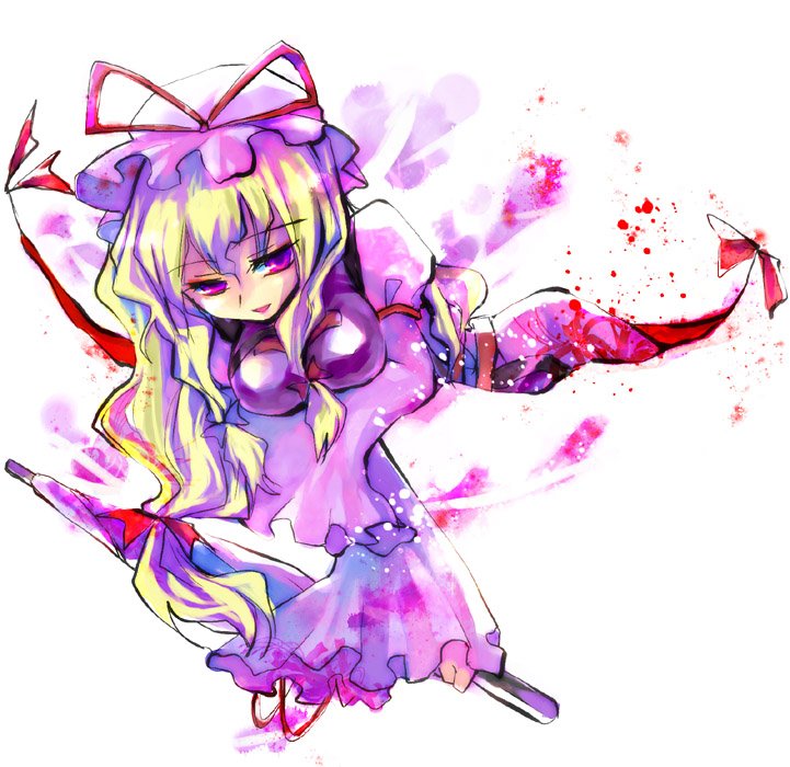 kinkirara, queen qko, yakumo yukari, touhou, 1girl, blonde hair, breasts, female focus, gap (touhou), hat, purple eyes, solo, white background