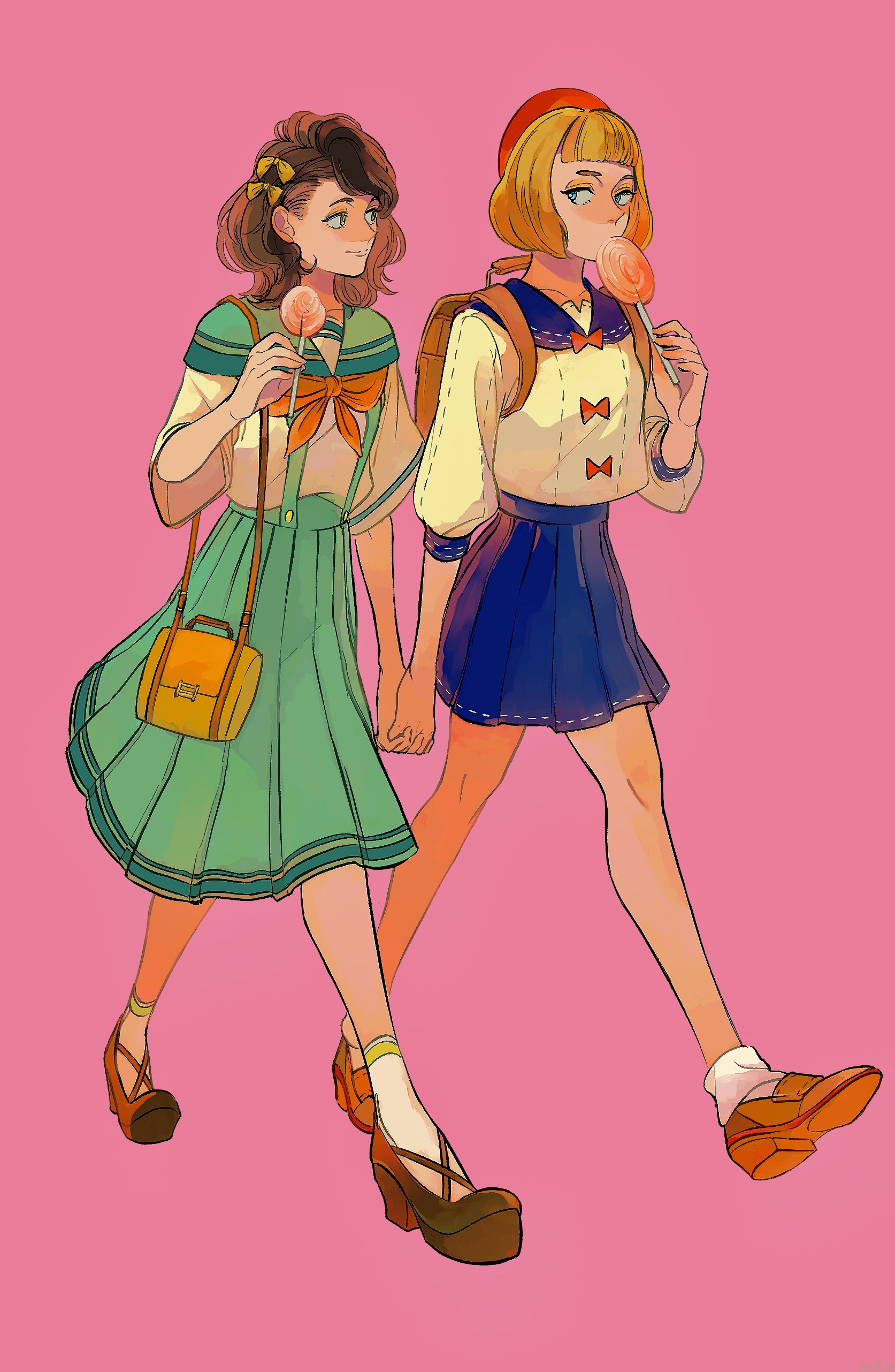original, absurdres, highres, 2girls, bag, blonde hair, blue eyes, blue skirt, bob cut, bow, brown hair, brown shoes, candy, dress, food, fujichika (icco 8), full body, green skirt, hair bow, handbag, hat, holding, holding candy, holding food, holding hands, holding lollipop, lollipop, multiple girls, pink background, pleated skirt, red hat, sailor dress, shoes, short hair, simple background, skirt, socks, split mouth, white socks, yellow eyes