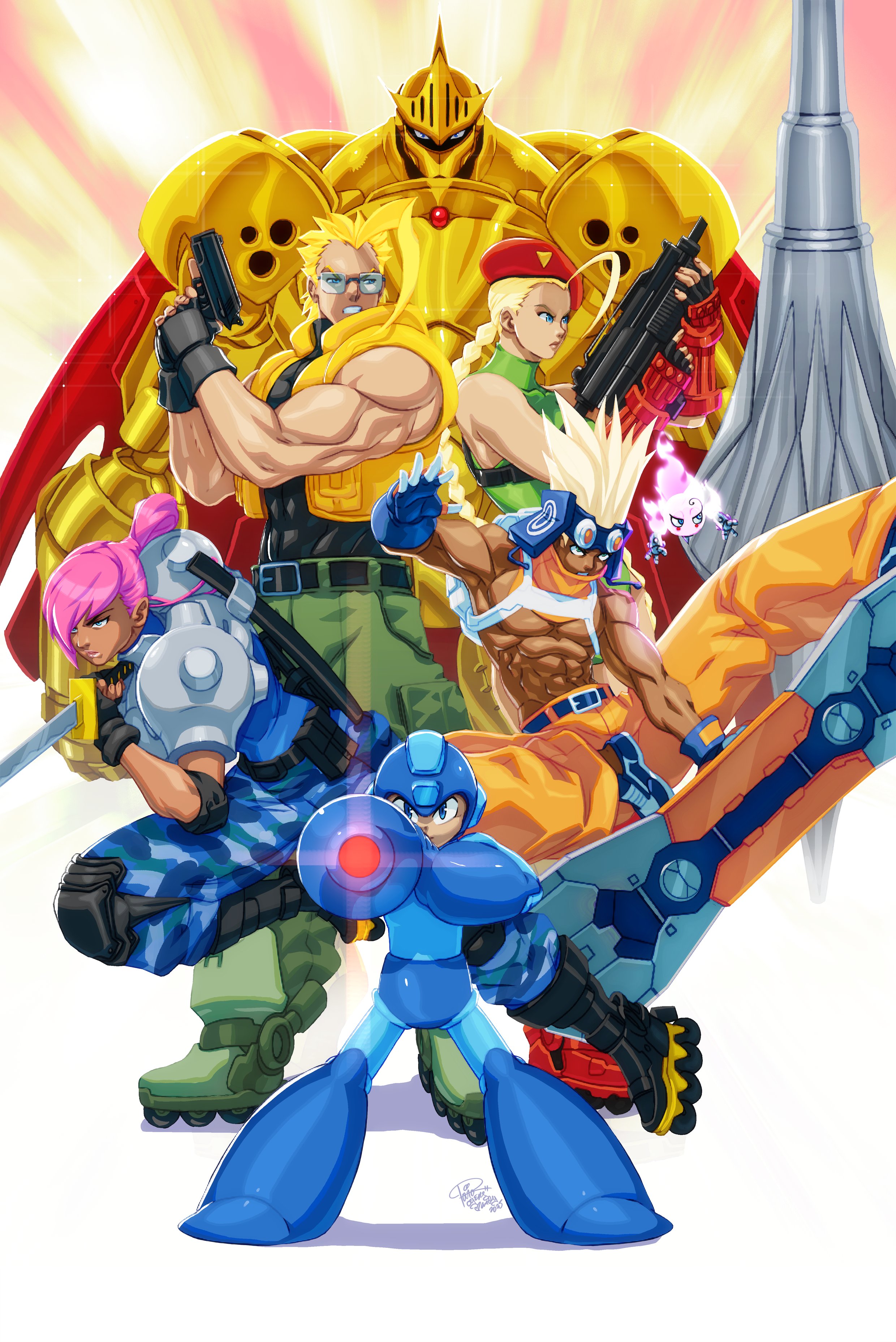 tovio rogers, cammy white, mega man (character), mega man (classic), mega man (series), street fighter, absurdres, character request, copyright request, highres, arm cannon, armor, assault rifle, bare shoulders, black shirt, blonde hair, blue eyes, blue helmet, braid, braided ponytail, crossover, dark-skinned female, dark-skinned male, dark skin, gold armor, green leotard, green pants, gun, helmet, holding, holding gun, holding sword, holding weapon, leotard, long hair, pants, purple hair, rifle, shirt, short hair, sword, trigger discipline, weapon